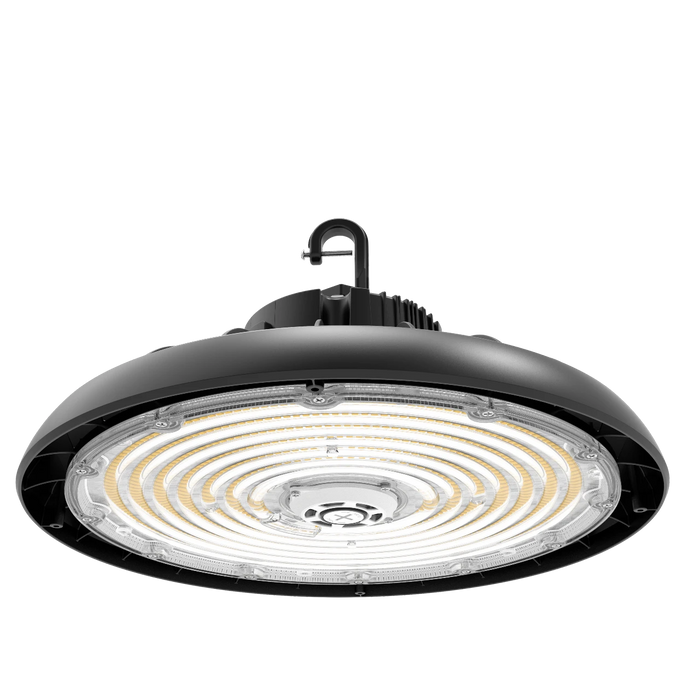 16 in. Round LED Highbay Fixture | 150/200/240W | Max. 36,000 Lumens | Selectable Kelvin | 80+ CRI | 120-277V | IP20 Rated | White Powder Coat Finish