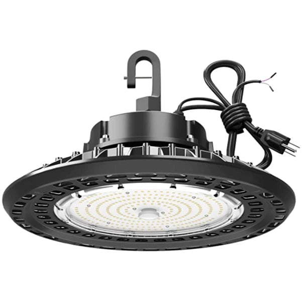 13 in. Round UFO LED High Bay | 120/150W | Max. 18,000 Lumens | 5000K | 70+ CRI | 120-277V | IP65 | Black Finish | hook, 6' cord & plug | PC reflector