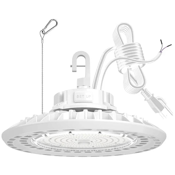 13 in. Round UFO LED High Bay | 150/200W | Max. 22,500 Lumens | 5000K | 70+ CRI | 120-277V | IP65 | White Finish | hook, 6' cord & plug | PC reflector