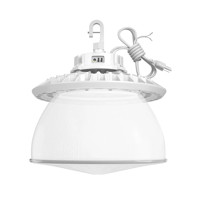 13 in. Round UFO LED High Bay | 150/200W | Max. 22,500 Lumens | 5000K | 70+ CRI | 120-277V | IP65 | White Finish | hook, 6' cord & plug | PC reflector